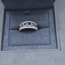 Vera Wang Silver Band Ring M Heart Blue Crystal Pavé Love & Hearts Signed