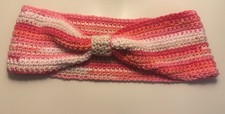 Handmade Pink Coral Cream stripe Bow Crochet Headband/ Ear warmer
