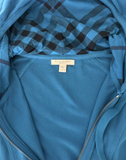 Burberry Hoodie Sweatshirt Blue; Plaid Hood Lining Sz L runs sm can fit M Exc 