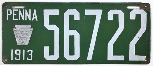 Pennsylvania 1913 Porcelain License Plate 56722 in Nice Condition Antique Sign