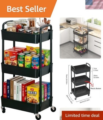 3-Tier Black Rolling Utility Cart - Versatile Storage Trolley for Home & Office