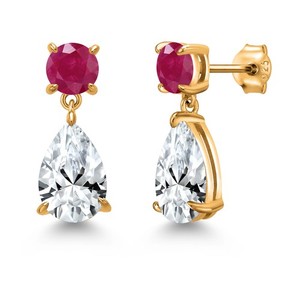 Authentic 18K Yellow Gold Plated Silver White Created Sapphire and Ruby Teardrop Dangle