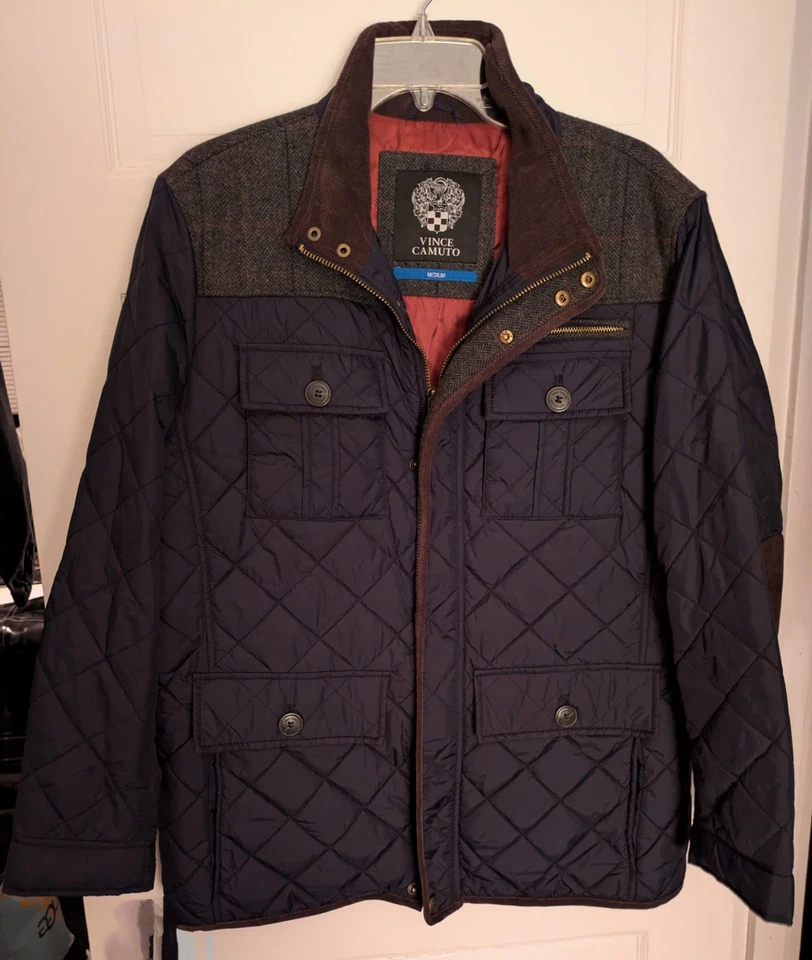 Vince Camuto Jacket Mens MED Navy Blue Quilted Nylon Wool Corduroy Elbow Patch  - Image 3 of 4