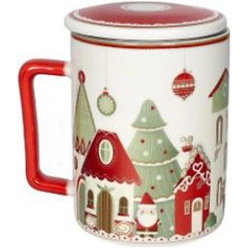 Mug Natale con Tappo e Filtro BRANDANI Villaggio in Festa Bianco Porcellana