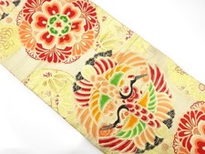 7793021: JAPANESE KIMONO / ANTIQUE MARU OBI / SILK / WOVEN CRANES FLORAL CREST