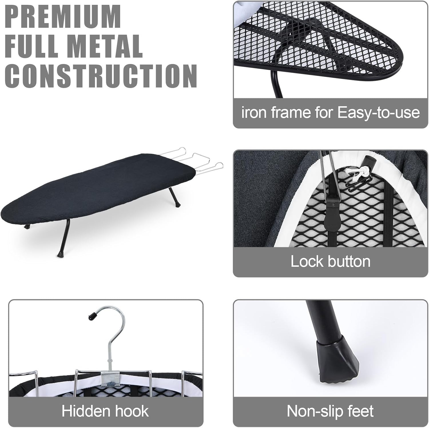 Compact Metal Ironing Board with Heat-Resistant Cover and Iron Rest - Black