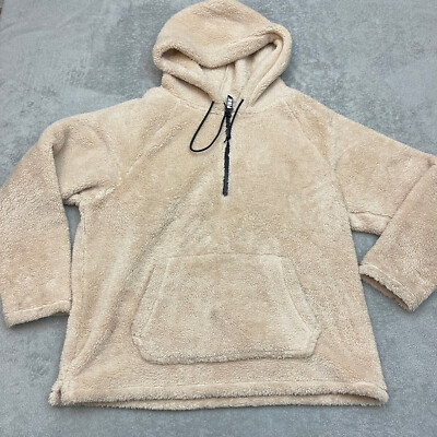 Victorias Secret PINK Beige Sherpa L Pullover Hoodie Fleece Kangaroo Pocket