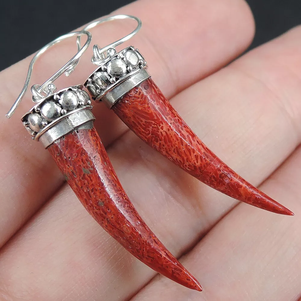 925 Sterling Silver Long Natural Red Coral Earrings Hand Made