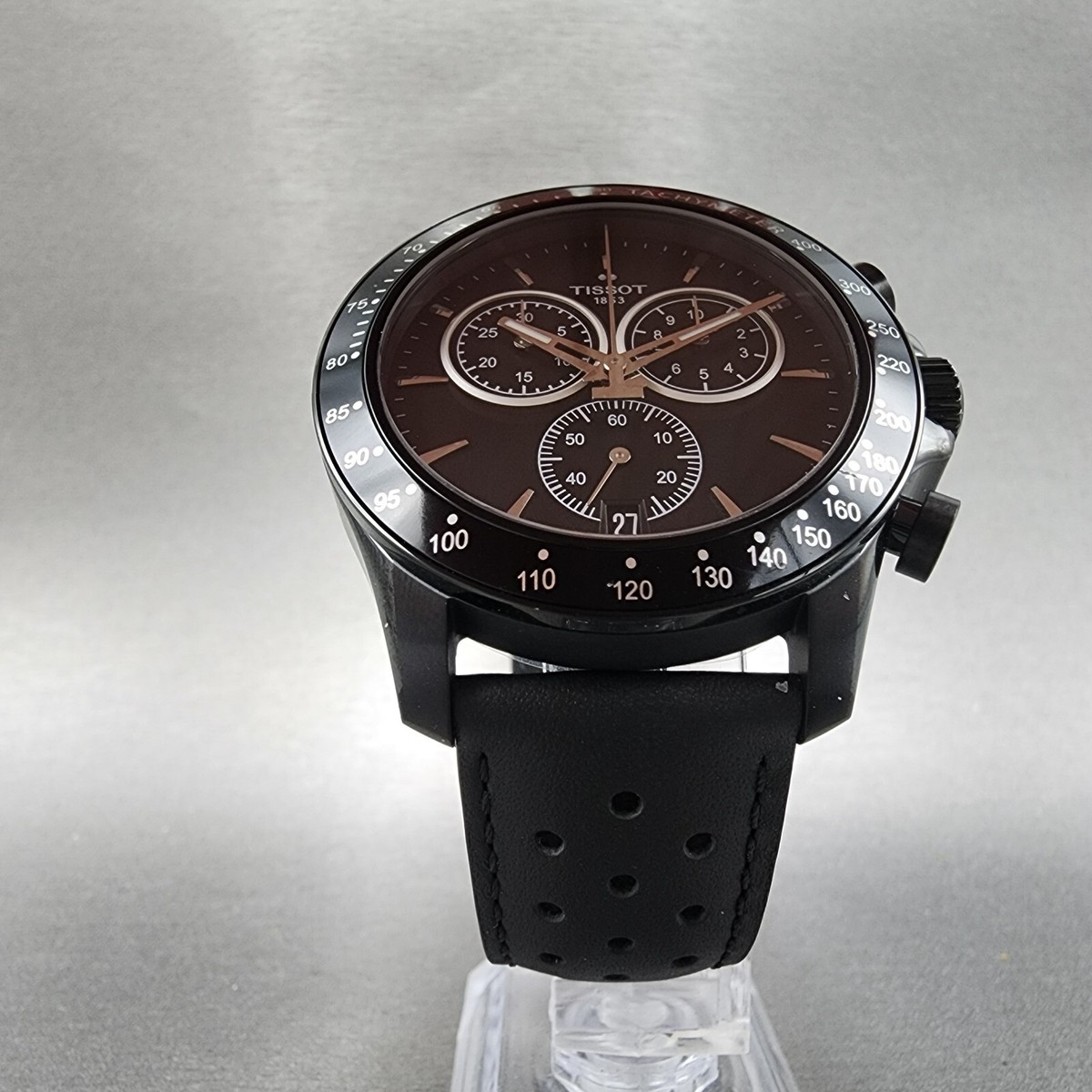 Tissot V8 Chronograph Watch Men 43mm Black Dial Gold Black Leather