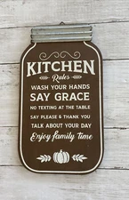 Kitchen Rules Wood Sign Farmhouse Rustic 13.5" x 7.5" Fall Decor Mason Jar Shape