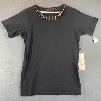 VTG Karen Kane T-Shirt Sz M NWT Black Wood Bead Round Neck 100% Cotton
