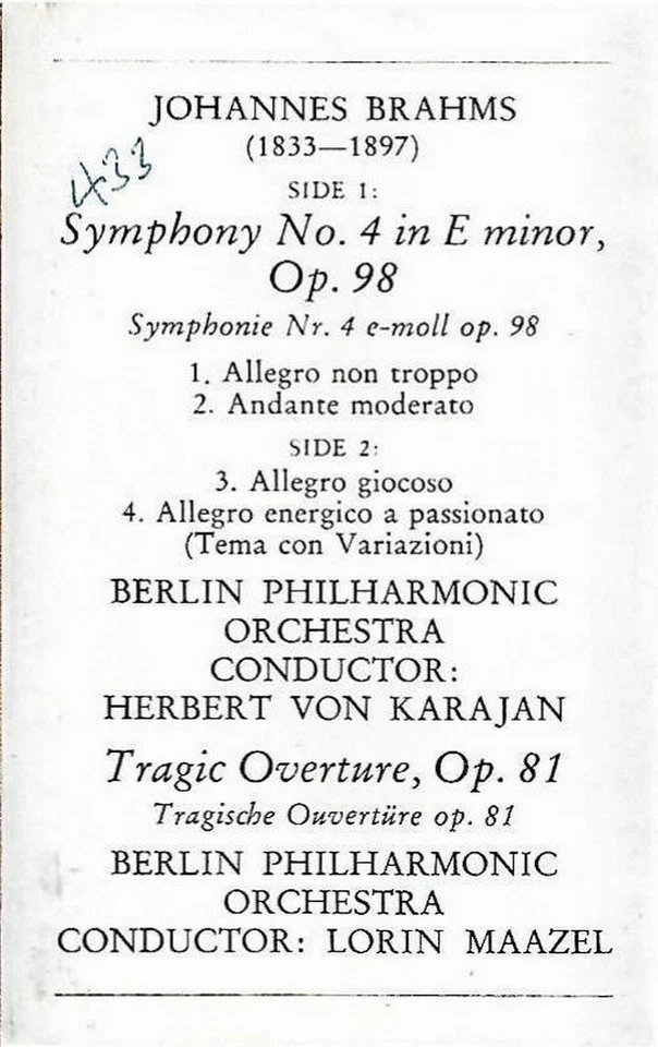 Karajan Maazel Brahms Symphony No. 4 Tragic Overture CASSETTE ALBUM DG  - Image 3 of 4