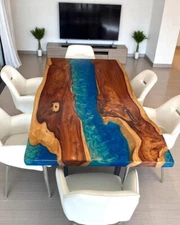 Ocean Wave Epoxy Resin River Beach Dining Table Top Wood Furniture Decor
