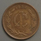 1934 Mo Mexico 1 Centavo Coin - Bronze - Mexican Golden Eagle Crest