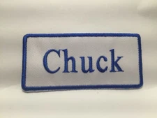 CHUCK NEW EMBROIDERED  SEW / IRON ON NAME PATCH BLUE ON WHITE