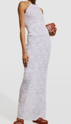 $1045 Just Cavalli Women's White Lace-Stitch Sleeveless Maxi Dress Size M