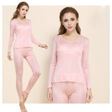 Women Mulberry Silk Thermal Jersey Long John Underwear Sets Top  Bottom