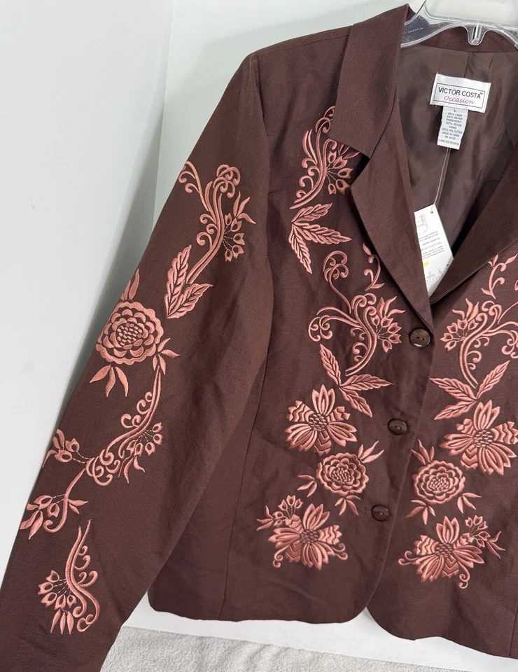 Victor Costa Mujer QVC NUEVO CON ETIQUETAS Marrón Traje Chaqueta Bordado Floral Follaje En Rosa Foto 3 de 4
