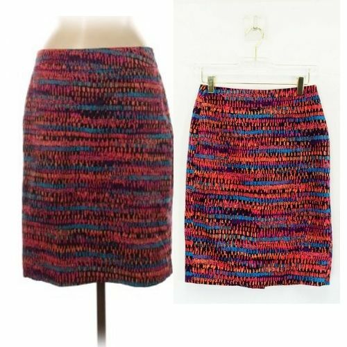 ANNE TAYLOR Red Blue Pencil Mini Skirt SMALL Silk Zipper Shiny
