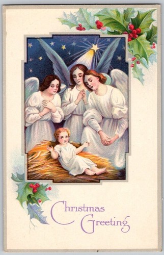 vintage Christmas Greetings Angels Jesus holy star Postcard