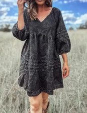 MUSTARD SEED Vintage Wash distressed 3/4 Sleeve Tunic Dress Sz XS 