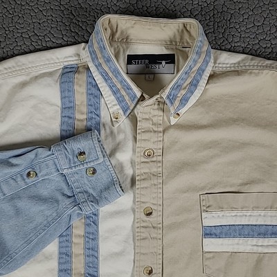Vintage Steer West Button Shirt Mens Blue White Denim Western Rodeo Shirt USA