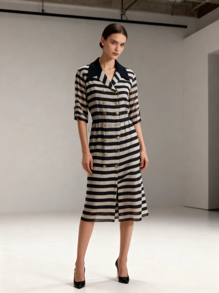 Vestido Louis Feraud Vintage Rayas EE. UU. 6 Azul Marino Crema Doble Pecho Botones Dorados Foto 2 de 4