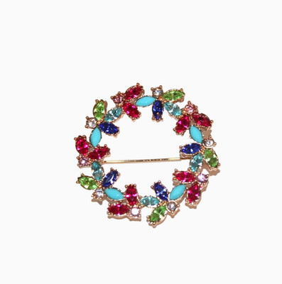 VTG Colored Rhinestone Wreath Brooch Pin Women's Gold Tone NRO 1 1/2''