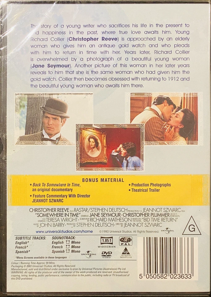 SOMEWHERE IN TIME (1980) DVD BRAND NEW CHRISTOPHER REEVE JANE SEYMOUR REGION 4 - Image 2 of 2