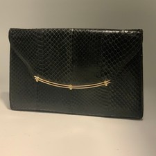 Vintage Black Snakeskin Envelope Clutch Bag - Gold Hardware Evening Purse