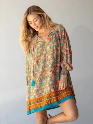 NWT Natural Life Dara V-Neck Mini Dress - Turquoise Orange Border Boho Tunic S