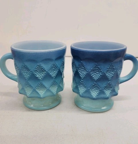 Vintage Set (2) Fire King Coffee Cups Mugs Blue Kimberly Diamond Pattern MCM