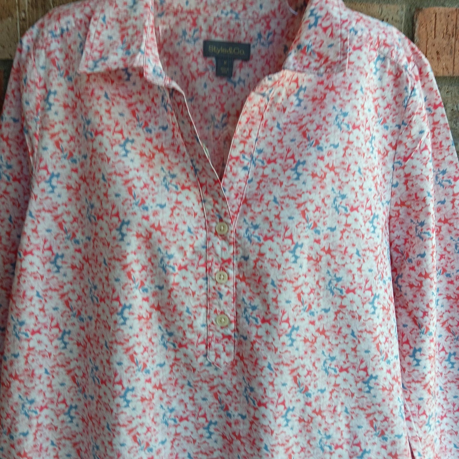 Style & Co. Womens Top Blouse Popover Long Sleeves White Pink Floral Size M