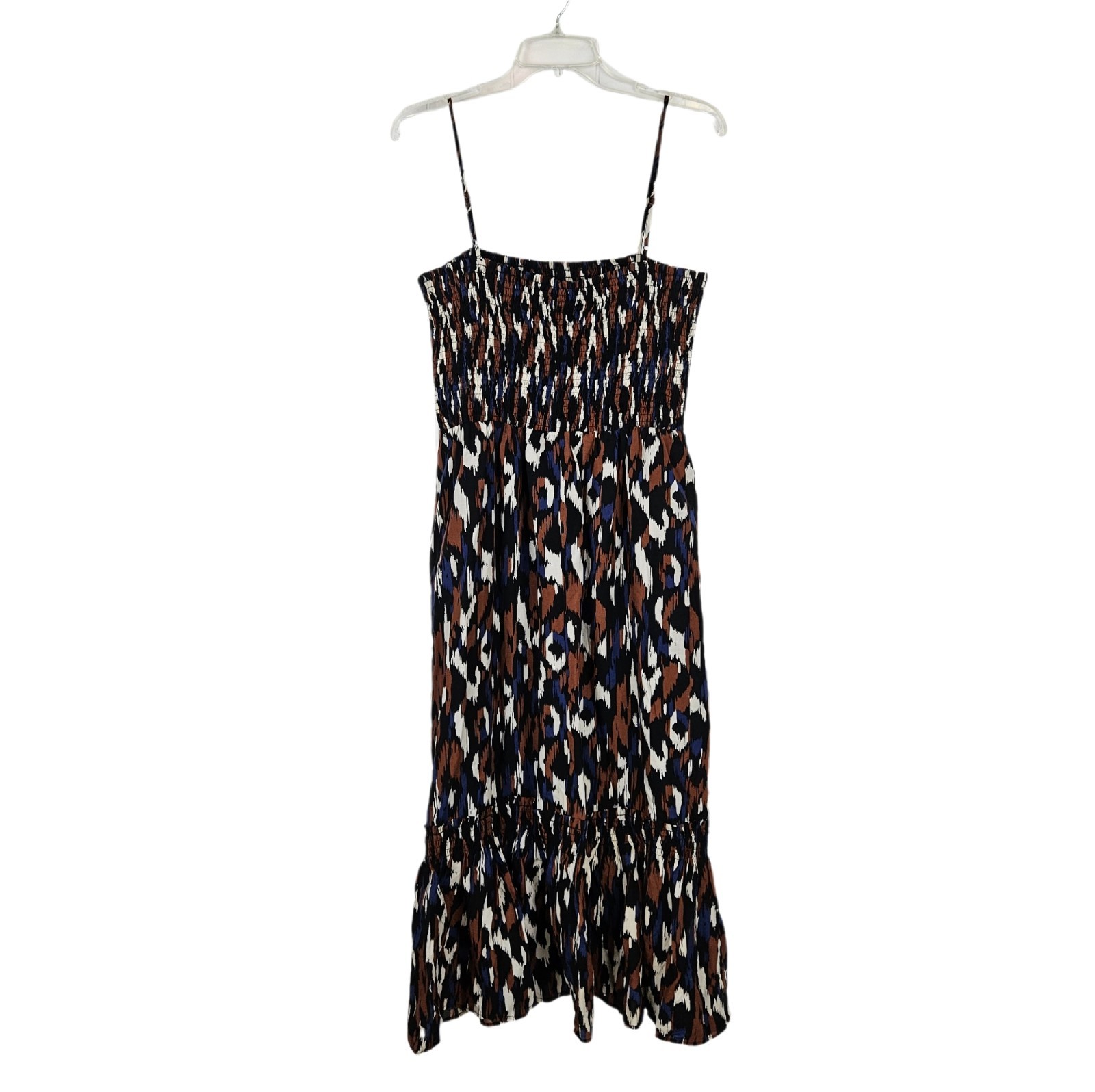 Evereve Sutton Smocked Midi Dress Womens L Tiered Adjustable Strap Pockets Flaw