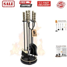 Fireplace Tools Set 5 Pcs Wrought Iron Indoor with Stand for Fire Place Kit H...