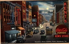 Sycamore Street Night View Petersburg VA Postcard Coca Cola Powers Kents Tonys
