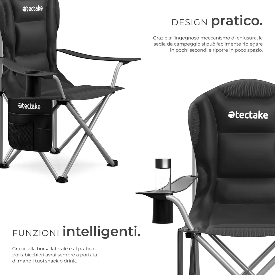 Sedia campeggio poggia-bibite imbottita pieghevole da spiaggia 120 kg carico - Immagine 3 di 4