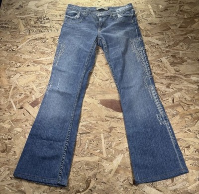 Allen B. Schwartz Studded Frayed Bootcut Blue Denim Jeans Distressed Pockets 28