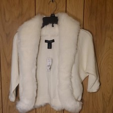 White House Black Market Faux Fur Trim Sweater Ecru/Biege Dolman Shrug XS NEW