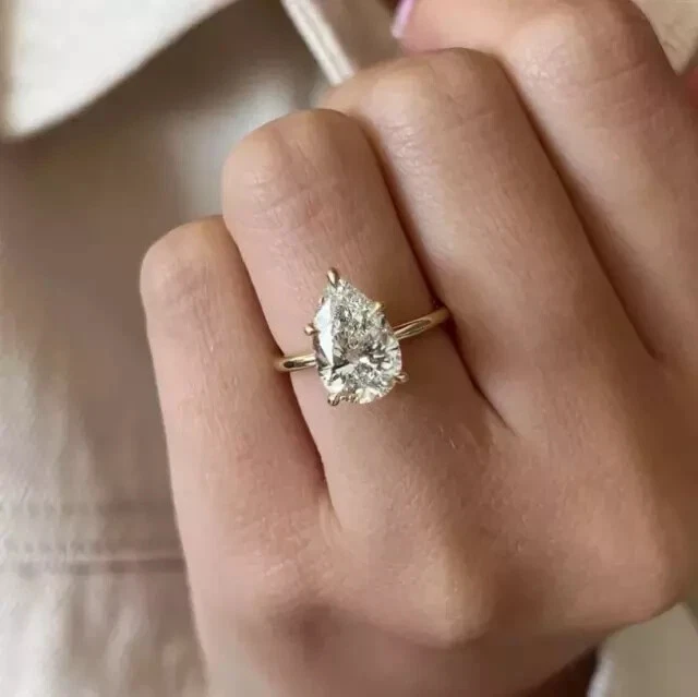 2Ct Pear Lab Created Diamond Solitaire Gift Ring 14K Yellow Gold Plated Silver - Image 3 of 4