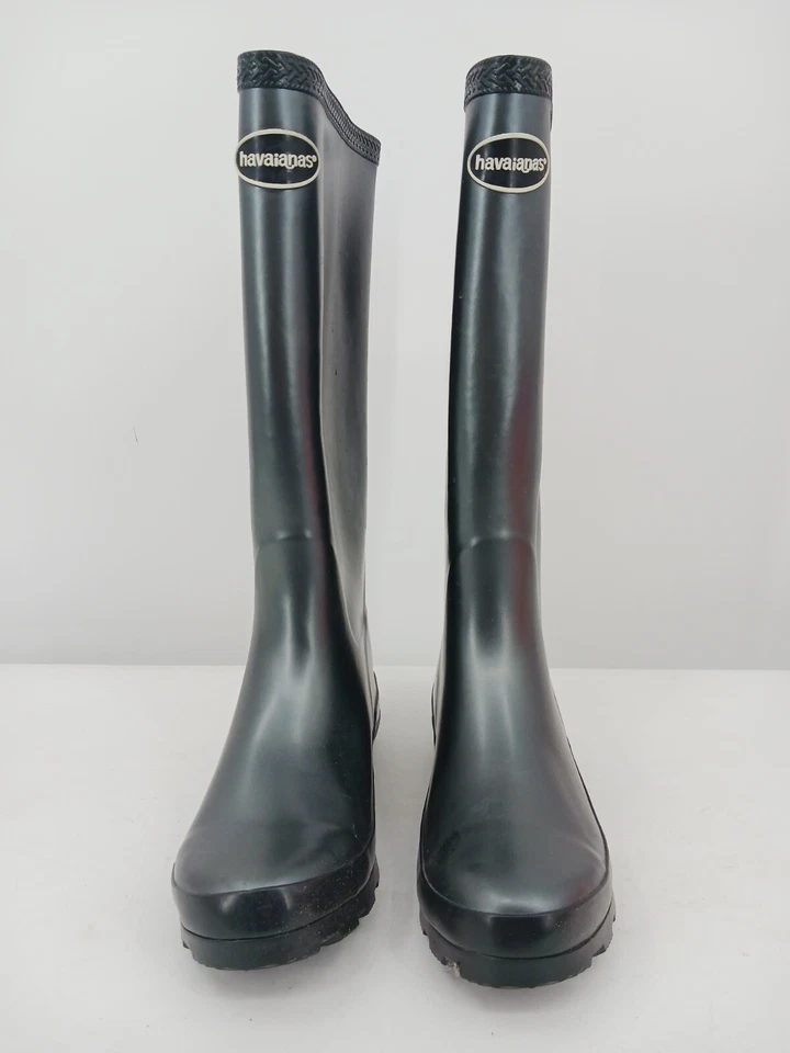 Botas de lluvia Havaianas para mujer 7 negras de goma hasta la rodilla ribete trenzado Foto 3 de 4