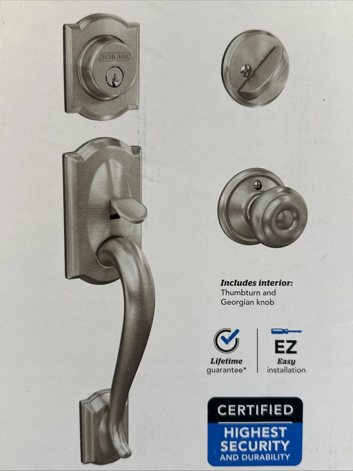 Schlage Camelot Front Entry Handleset Georgian Door Knob & Deadbolt Satin Nickel - Image 2 of 4