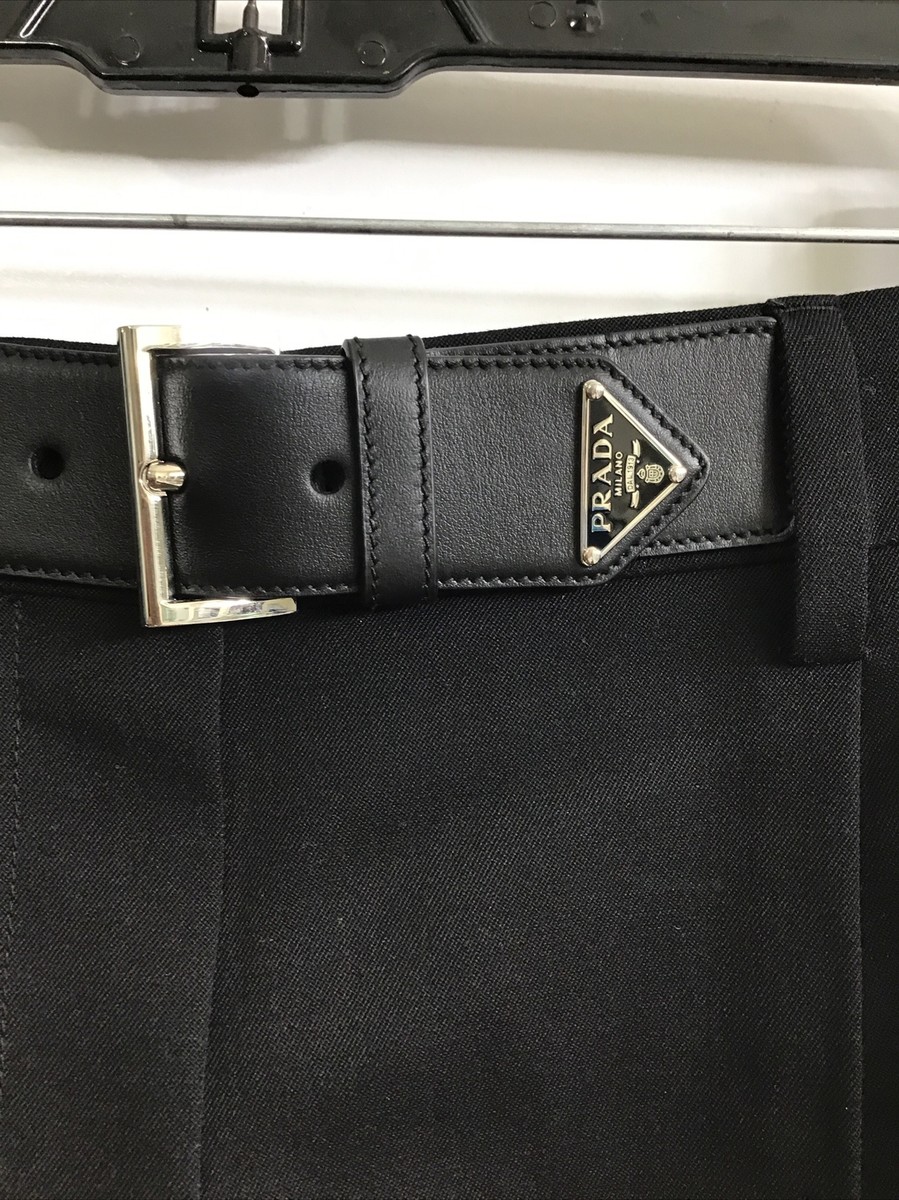 Prada Shorts Pleated Black Twill Leather Belt Front Triangle Logo