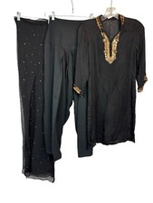 Salwar Kameez Black Sheer w Gold Sequins Beading Suit Tunic Pants Dupatta XS