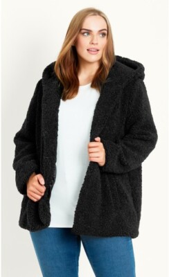 Evans Teddy Hooded Coat Faux Fur Heavyweight Black Women's US Plus