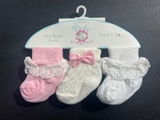 Vintage NWT Sprockets Baby Crocheted Fancy Lace and Bow Socks 0-6 Mo Frilly 3 Pr