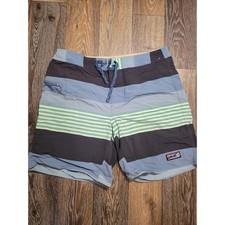 Patagonia Mens Board Shorts Size 34 Blue Striped Recycled Nylon Swim Trunks