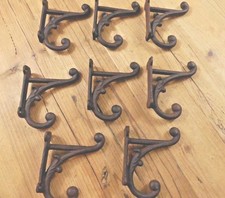 8 Brown Rustic Coat Hooks Antique Style Cast Iron 4.5" Wall Double Restoration