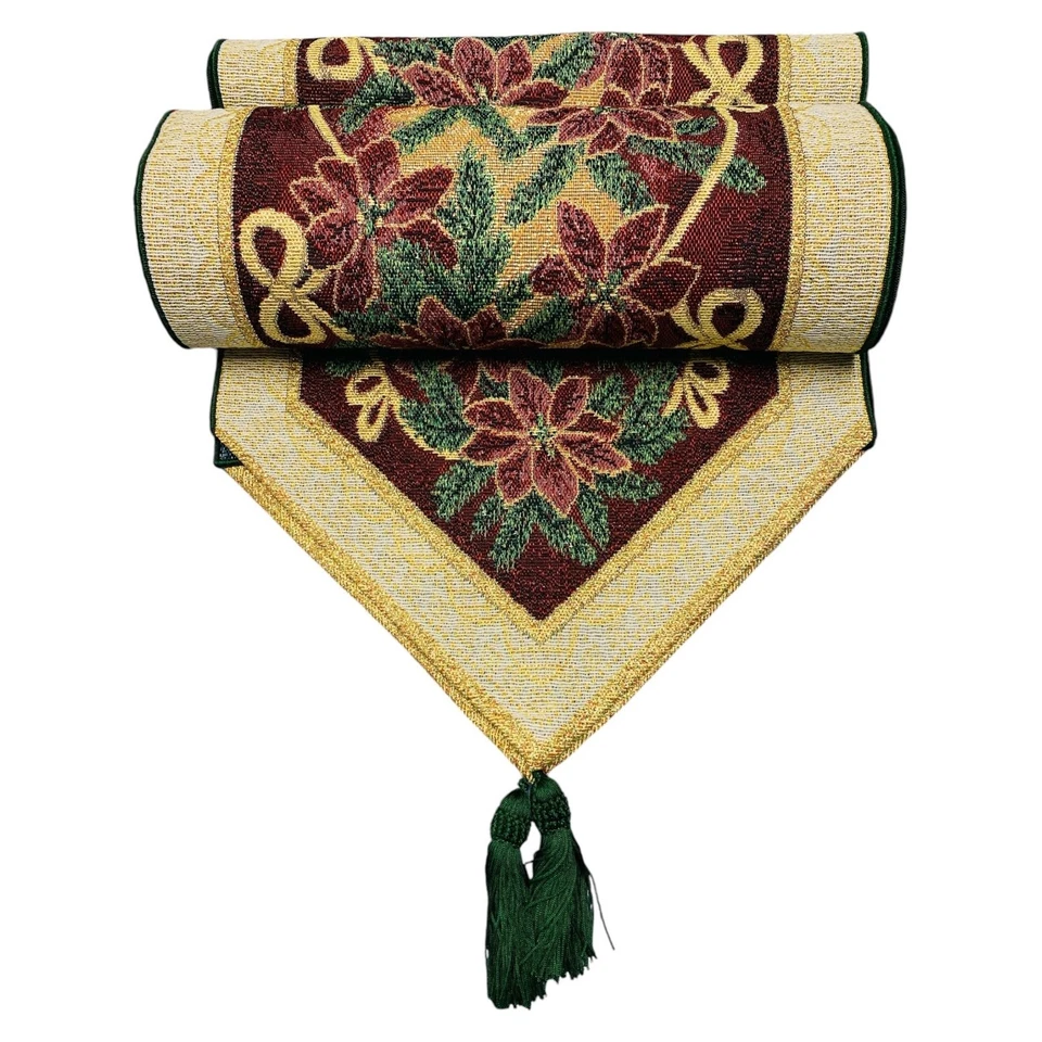 Christmas Tapestry Table Runner Maroon Green Metallic 72" NEW - Image 3 of 4
