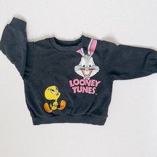 HM Looney Tunes 2T Bugs Bunny Tweety Sweatshirt 90s VTG Look Distressed Black